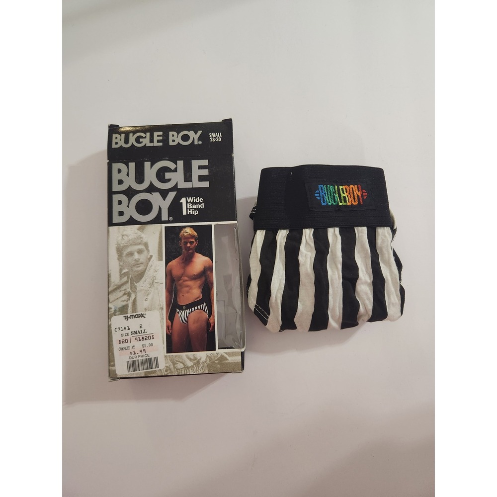 Bugle Boy Briefs Black White Striped Wide Band Hip Vintage Small 28-30